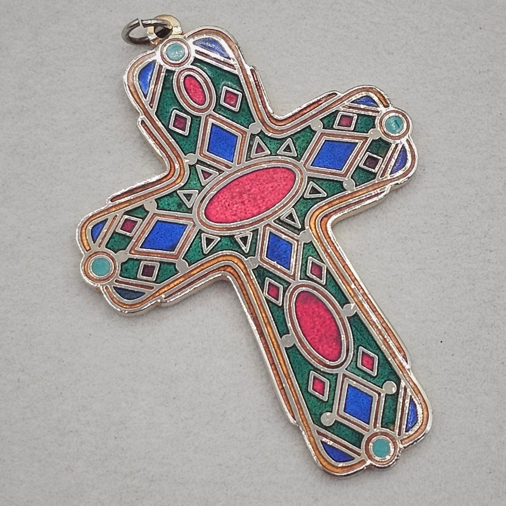 Vintage Hallmark 1998 Cross Pendant Enamel Stained Glass Geometric Multi-Color